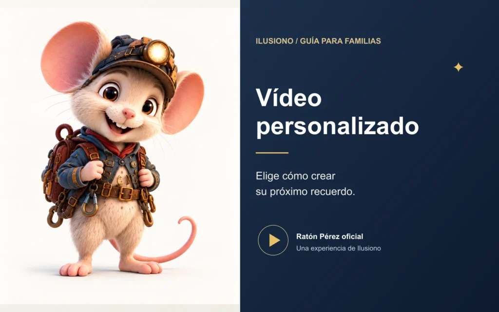 Ratón Pérez de Ilusiono con el mensaje «Vídeo personalizado: elige cómo crear su próximo recuerdo».